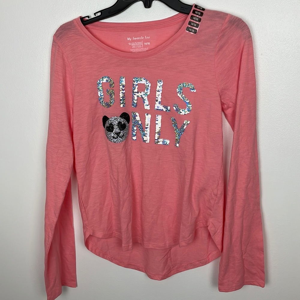 NEW Super Cute Multicolor Sequin Panda Bear "Girls Only" Girls Tee 14/16